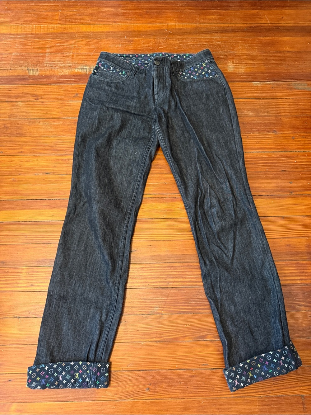 Authentic Louis Vuitton Black Denim Jeans with Multicolor Monogram Trim Size 40